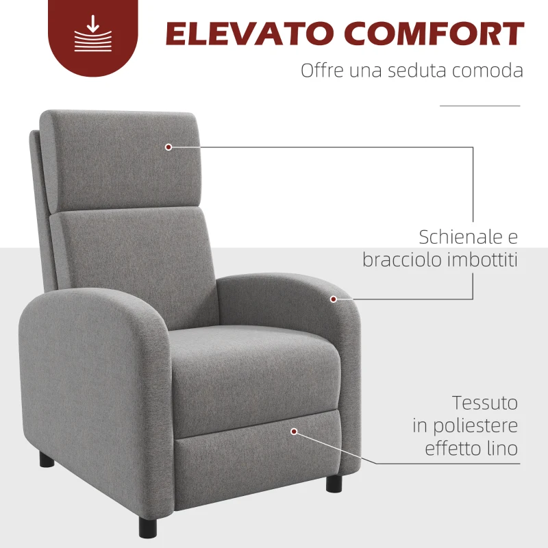 HOMCOM Poltrona Reclinabile 160° in Tessuto Effetto Lino con Braccioli Quadrati, 64x86x102 cm, Grigia