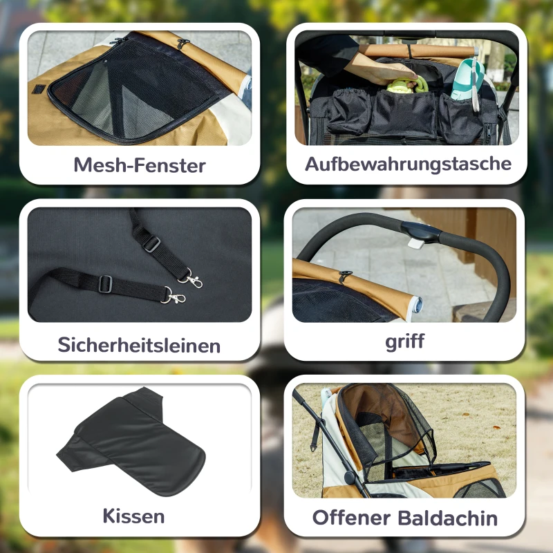 PawHut Hondenwagen, opvouwbare hondenbuggy voor middelgrote honden, dierenwagen met 4 wielen, veiligheidsriemen, remmen, bruin