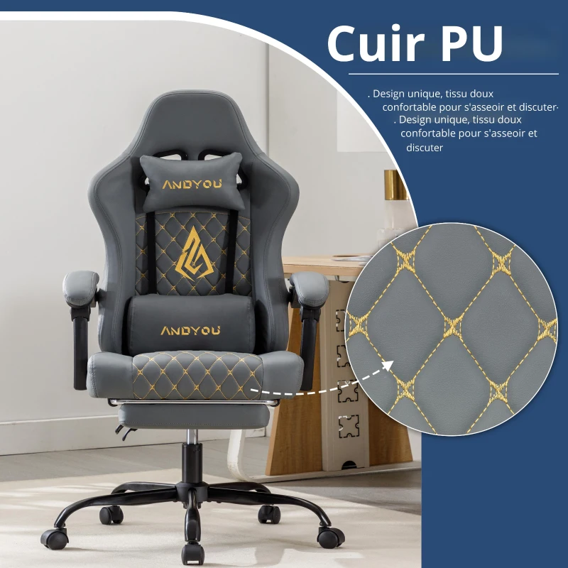 Fauteuil gaming avec repose-pieds, coussin appui-tête et lombaire moelleux, coussin de soutien amovible, 60x60x122 cm, Gris
