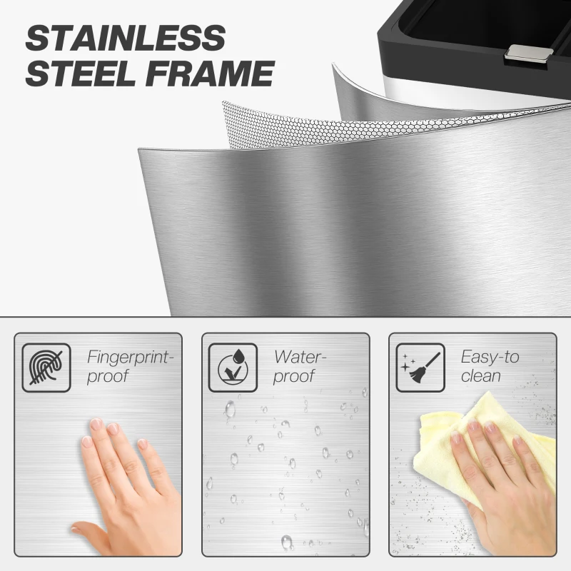 HOMCOM Poubelle rectangulaire à pédale poubelle cuisine 3 compartiments fermeture douce acier inox 45,7 x 35,8 x 76 cm argent