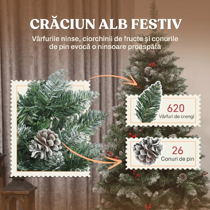 HOMCOM Brad de Crăciun Înalt 180 cm de Interior cu 620 Ramuri, Conuri și Boabe Roșii, Bază Metalică, Verde