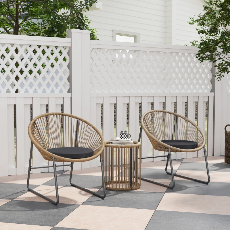 Outsunny Set da Giardino 3 Pezzi in Rattan e Acciaio con 2 Sedie con Cuscini e Tavolino da Caffè a Cilindro, Multicolore