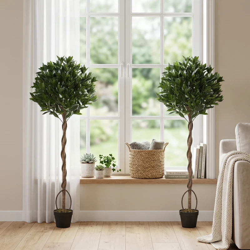 Outsunny Realistic Lush Topiary Ball Tree, Artificial Bay Laurel Topiary Trees with Weighted Pot, Set of 2, Green