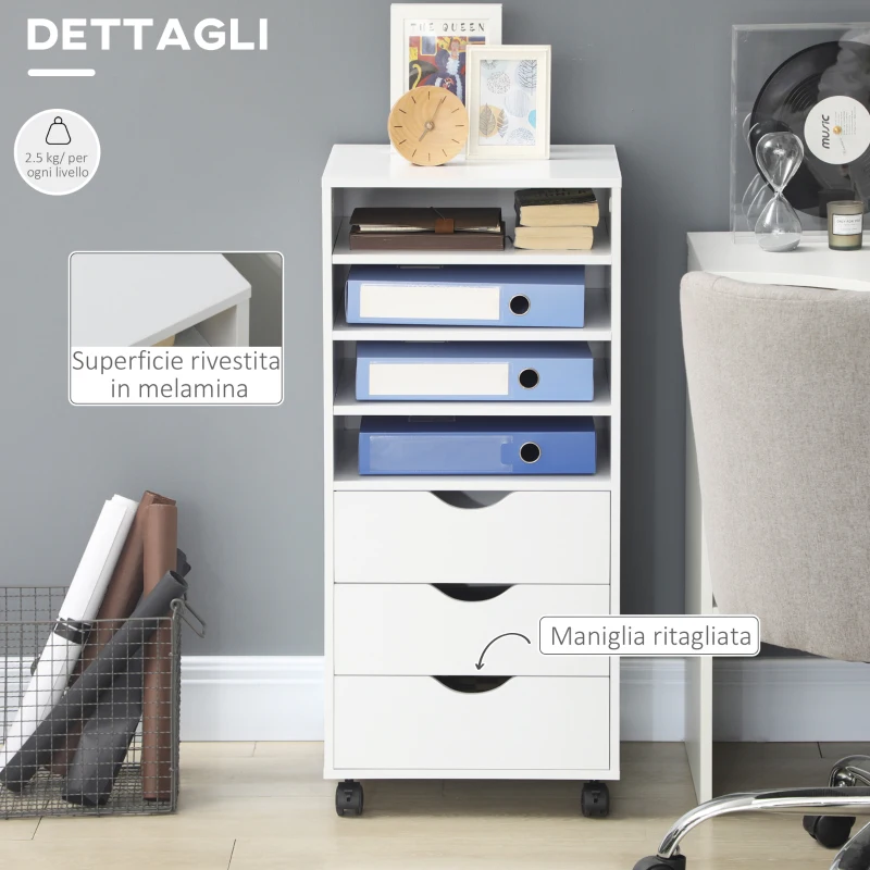 Vinsetto Cassettiera da Ufficio con 4 Ruote 4 Ripiani 3 Cassetti, Legno Bianco