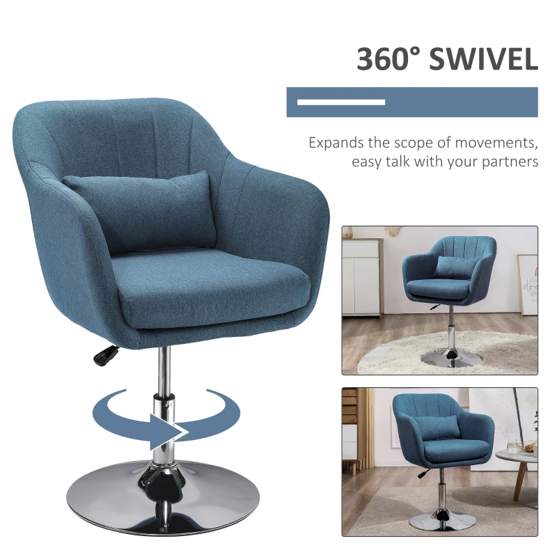 HOMCOM Swivel Accent Chair, Linen Fabric Tub Vanity Chair, Modern Armchair with Adjustable Height and Lumbar Support for Living Room Bedroom Salon Make up Room Dressing Table, Blue