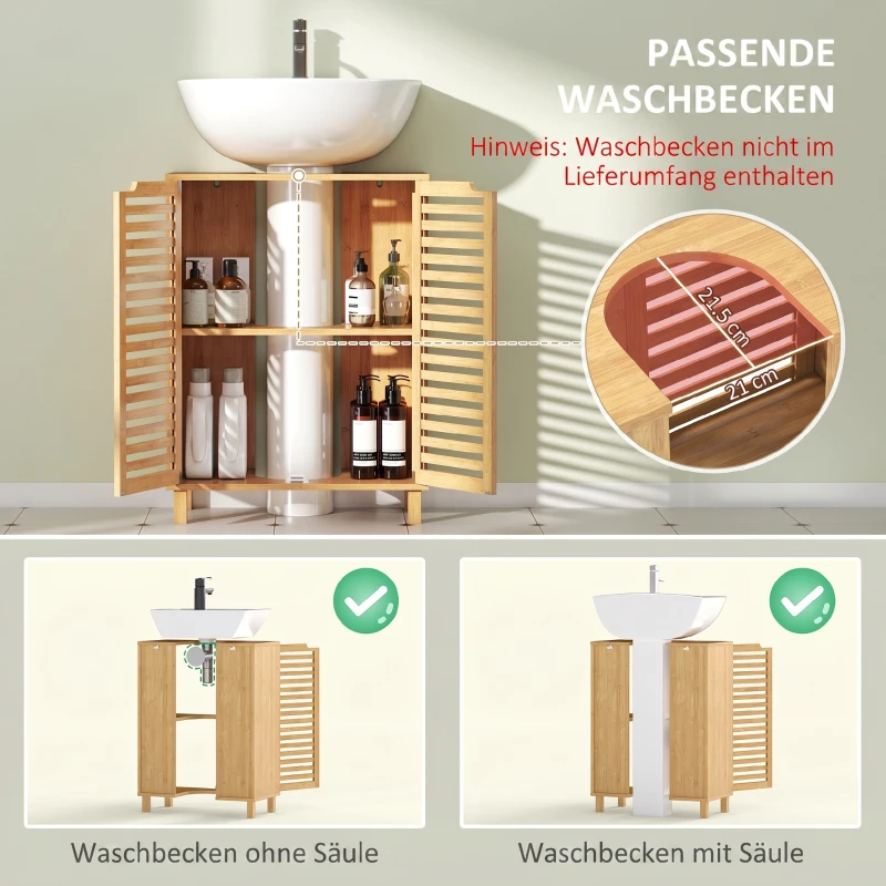 HOMCOM Wastafelonderkast voor badkamer, badkast met lamellendeuren, bamboehout, verstelbare planken, naturel