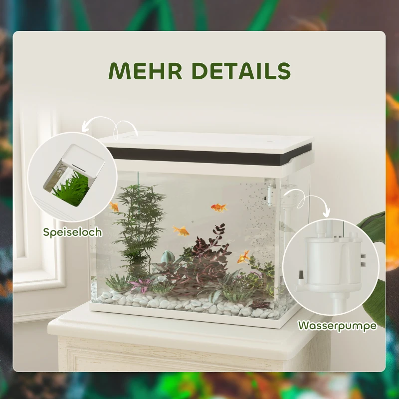 PawHut 41 Liter Glas-Aquarium met Filtersysteem, LED-Verlichting, Waterpomp, voor Diverse Vissoorten, Wit