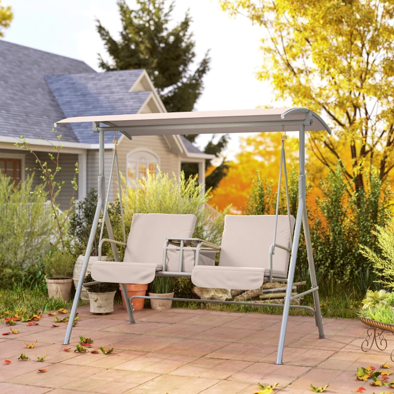 Outsunny 2 Seater Garden Swing Chair Patio Rocking Bench w/ Tilting Canopy, Double Padded Seats, Storage Bag and Tray, Beige