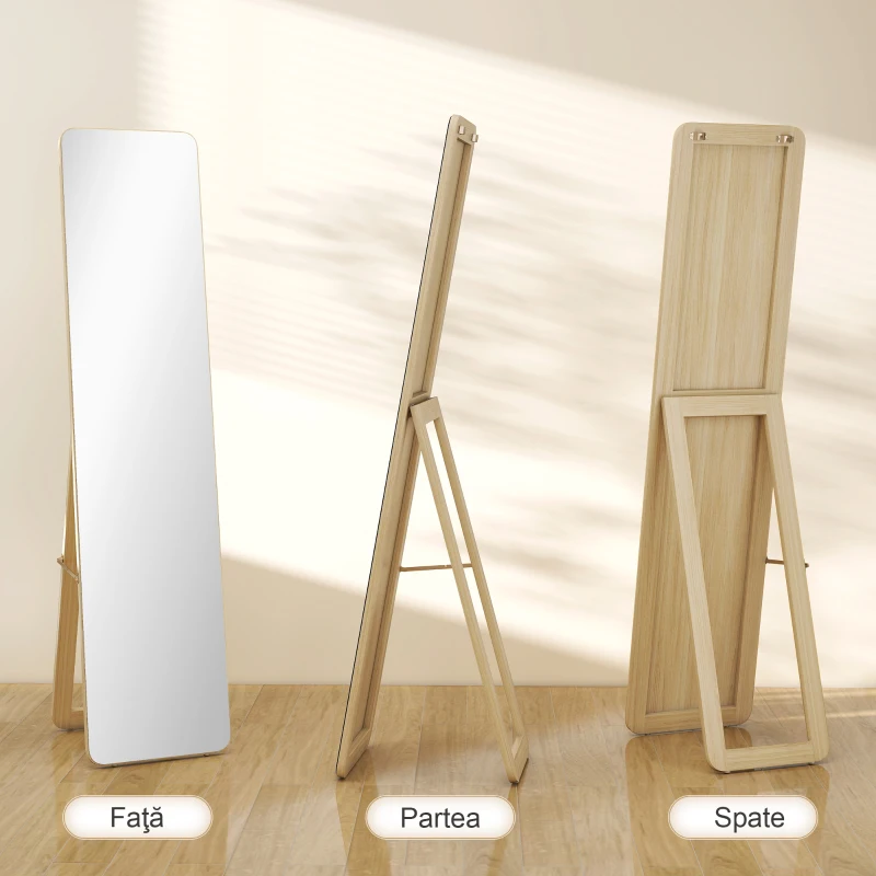 HOMCOM Oglindă de Podea și de Perete cu Cadru din Lemn și Suport Pliabil, 37 x 43 x 156 cm, Culoare Lemn