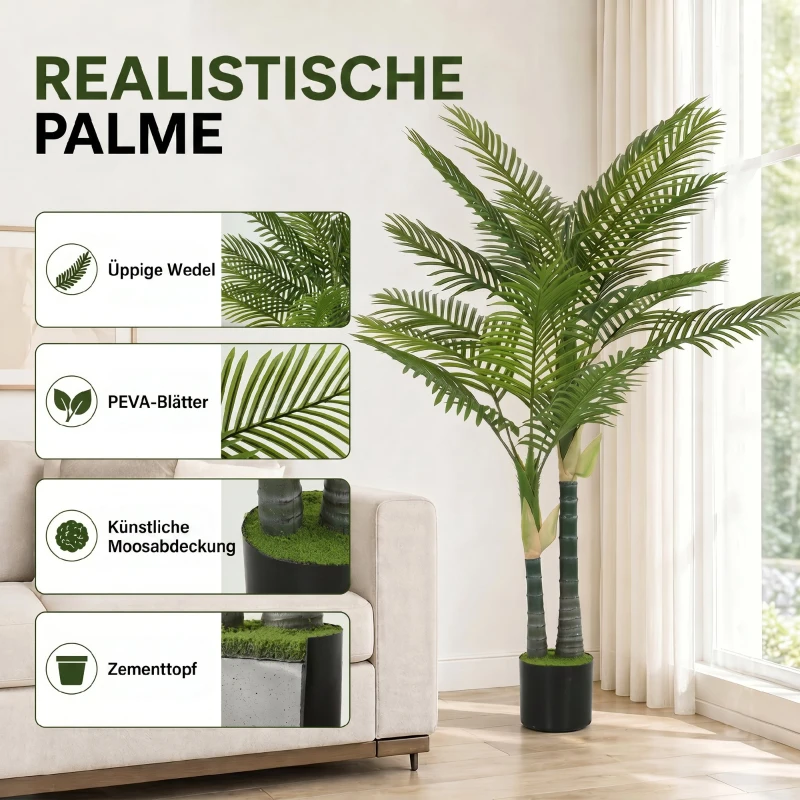 HOMCOM Kunstpalm 150cm Kunstplant met 16 Palmbladeren Grote Kunstplant in Pot voor Woonkamer Balkon Decoratie Groen
