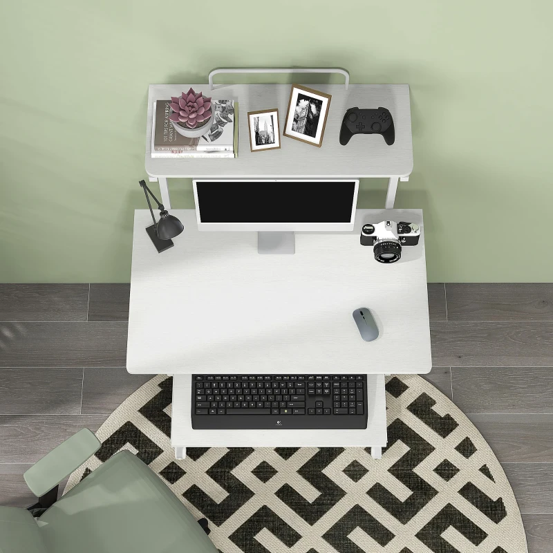 HOMCOM Mesa Escritorio de Ordenador Móvil con Bandeja para Teclado Estante para CPU Estantes y Ruedas 80x50x130 cm Blanco