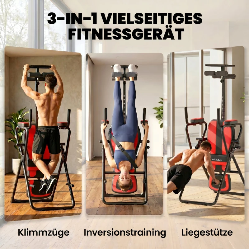SPORTNOW 3-in-1 Inversionsbank Inversionstisch mit 3 Inversionswinkel Liegestütz- & Klimmzugstangen Kopfstütze