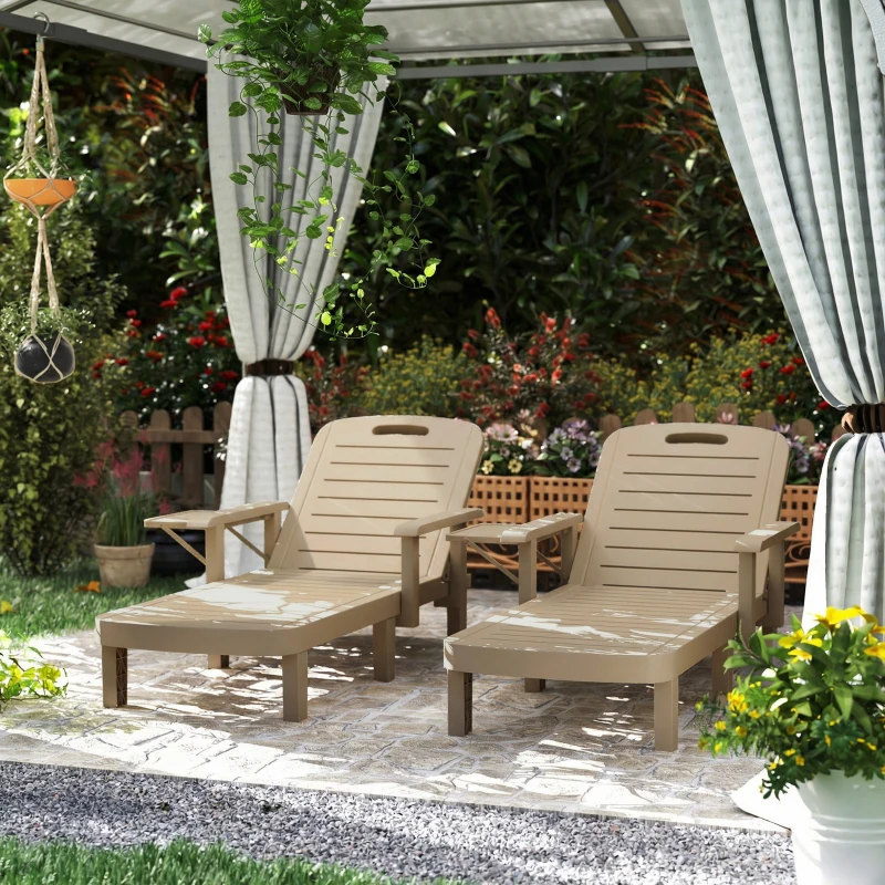 Outsunny Set of 2 Reclining Sun Loungers, 5 Positions Adjustable Outdoor Chaise Lounge Chair with Armrests, Khaki
