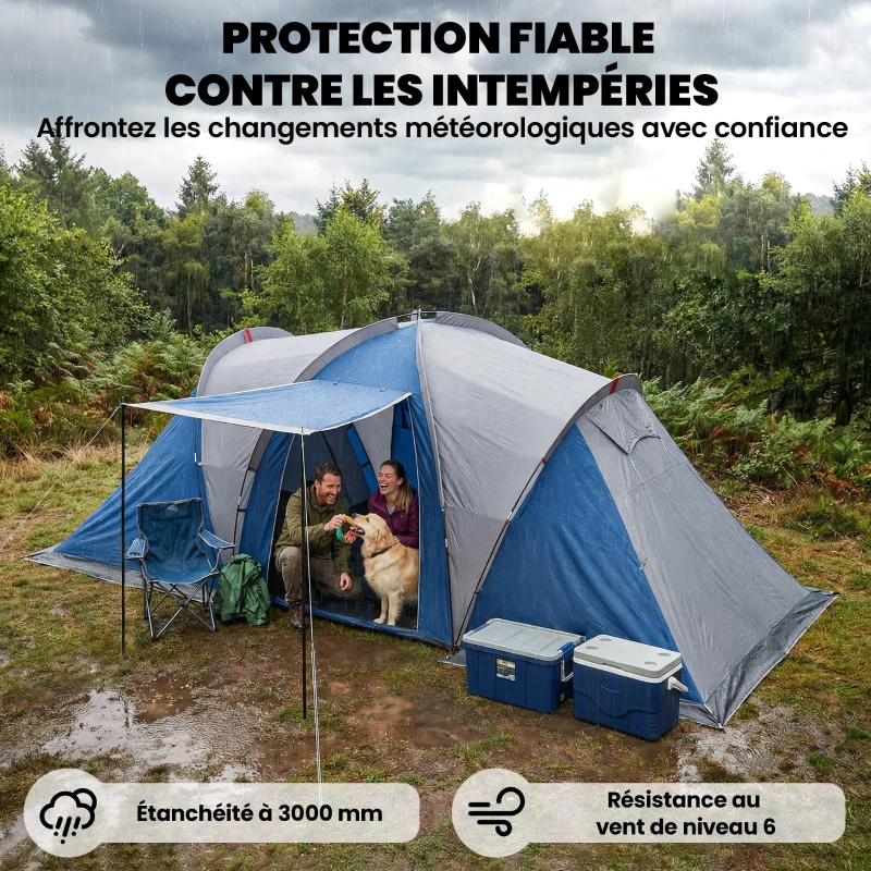 Outsunny Tente de Camping Double Couche Tunnel Familiale 4-5 Personnes 2 Chambres et Séjour pour 12 Personnes Bleu