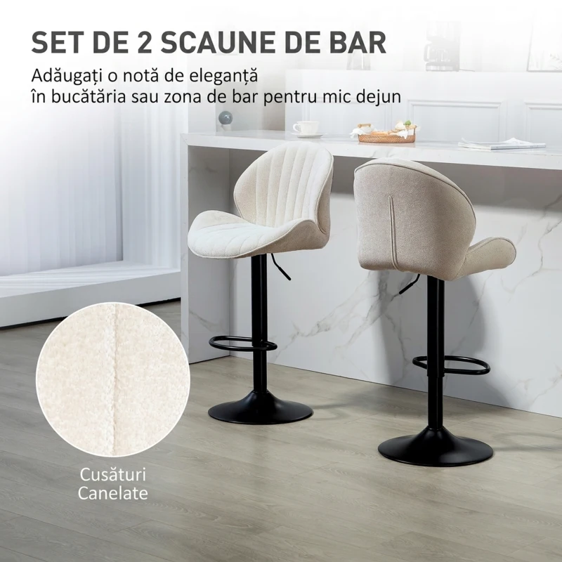 HOMCOM Set 2 Scaune de Bar tip Scoică cu Suport pentru Picioare, din Material Textil cu Efect de Catifea, 48x50x94-115 cm, Negru și Bej