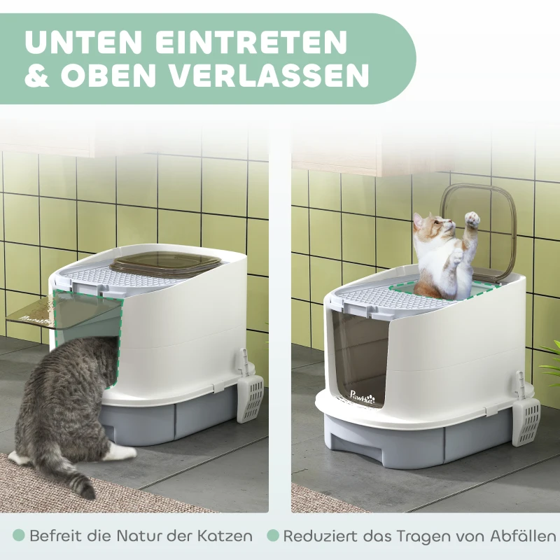 PawHut Kattenbak met deksel boveninstap schep uitschuifbare lade voor katten tot 4,5 kg, 40,5x52,5x42,5 cm Grijs