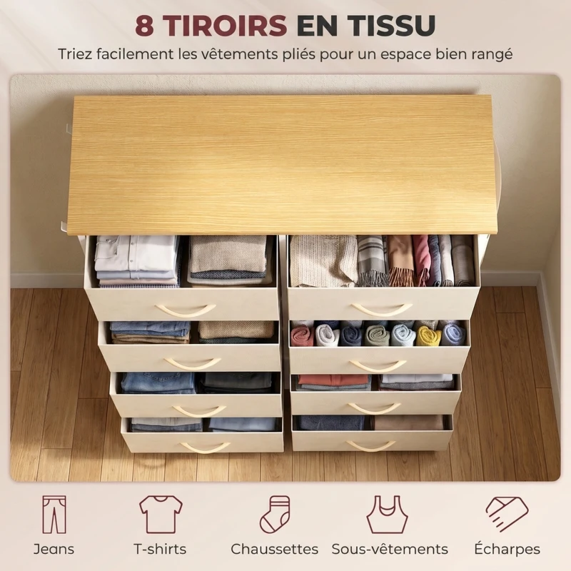 HOMCOM Commode 8 Tiroirs en Tissu, Meuble de Rangement avec 4 Poches, 2 Crochets, Structure en Acier, 80 x 30 x 94,5 cm, Beige