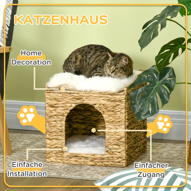 PawHut kattengrot met waterhyacintgras, 2 slaapruimtes, 2 wasbare kussens, naturel + wit