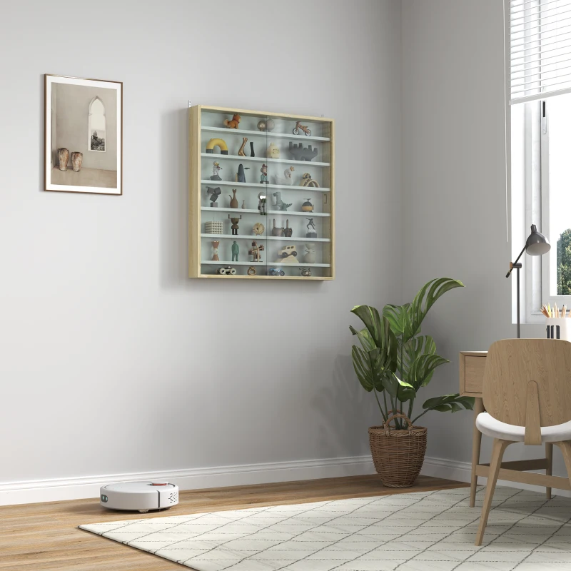 HOMCOM Bacheca Portaoggetti a 5 Ripiani Regolabili in Legno con Ante in Vetro, 80x9.5x83 cm, Bianco e Rovere