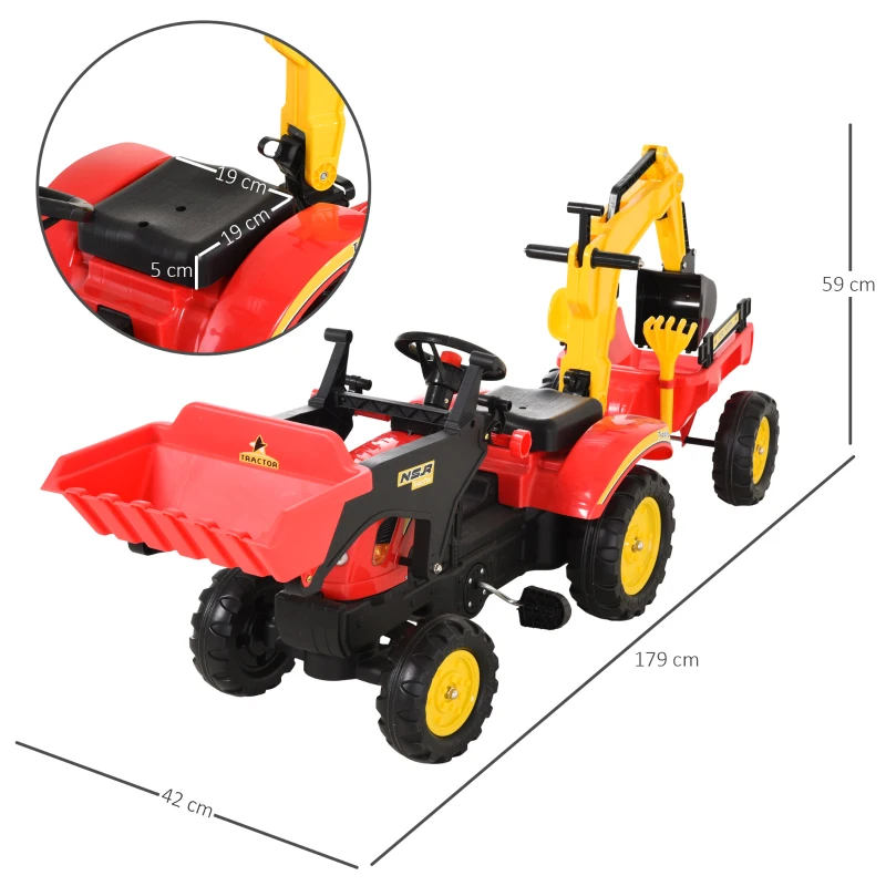 HOMCOM trapauto graafmachine trapgraafmachine met voorlader voor 3-6 jaar kinderen rood