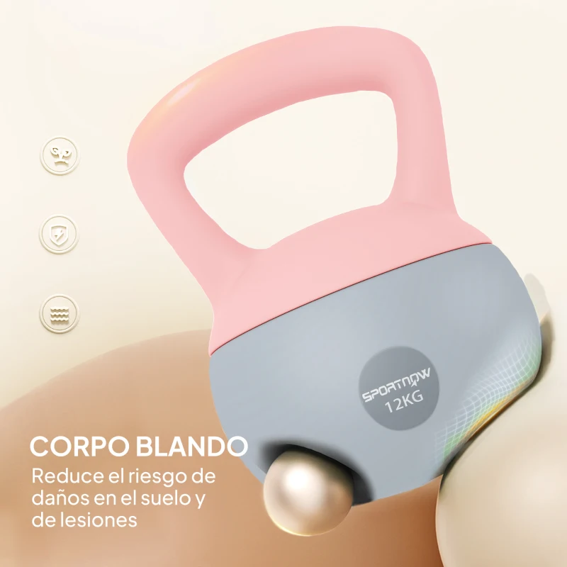 SPORTNOW Pesa Rusa 12 kg Kettlebell Relleno de Arena Metálica Mango Antideslizante para Entreno en Casa 21x21x30 cm Rosa y Gris