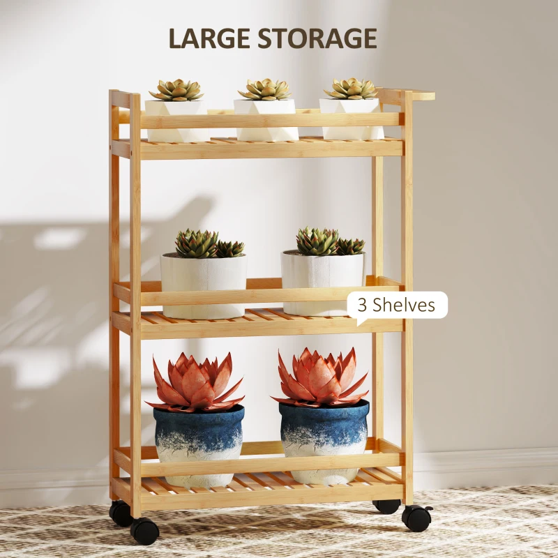 HOMCOM 3-Tier Bamboo Storage Trolley on Wheels with Handle for Kitchen, Office, Bathroom