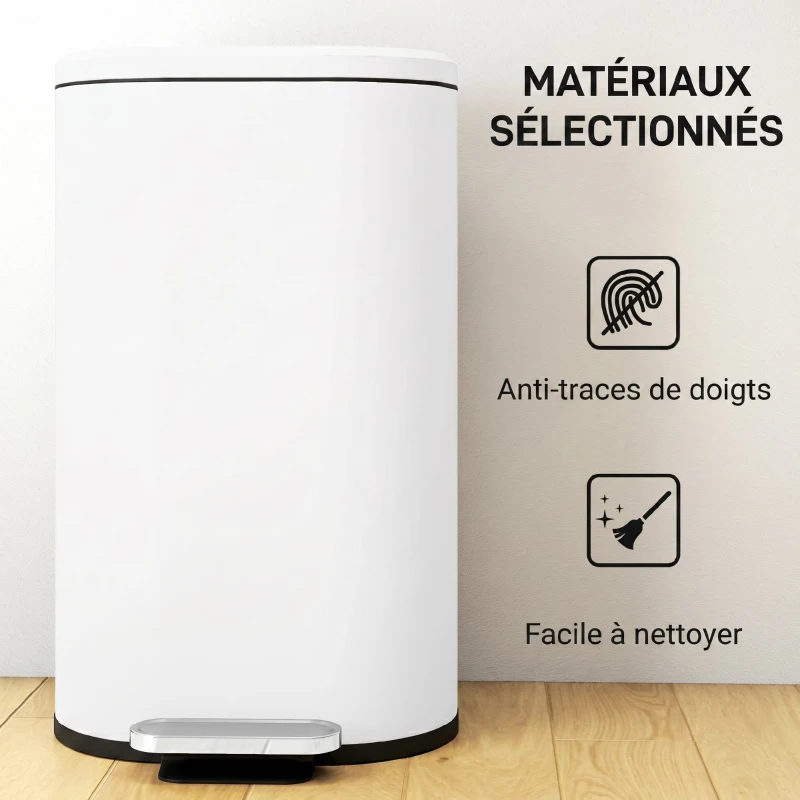 HOMCOM Poubelle cuisine 30L, poubelle à pédale, seau intérieur amovible, couvercle à fermeture douce, 36,5x31x61cm, blanc