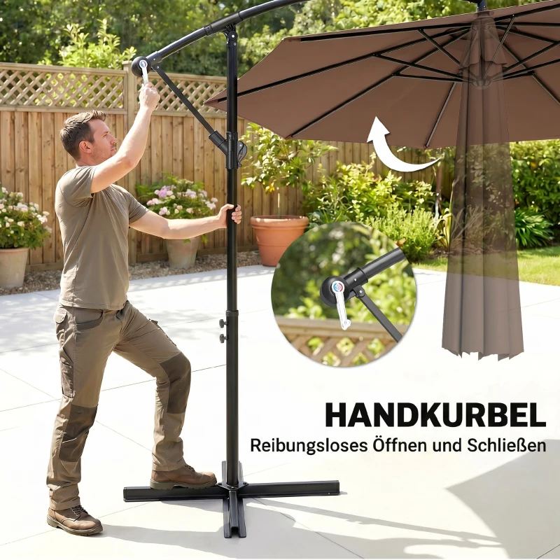 Outsunny afneembare parasol zweefparasol zwengelparasol met handkruk, koffie