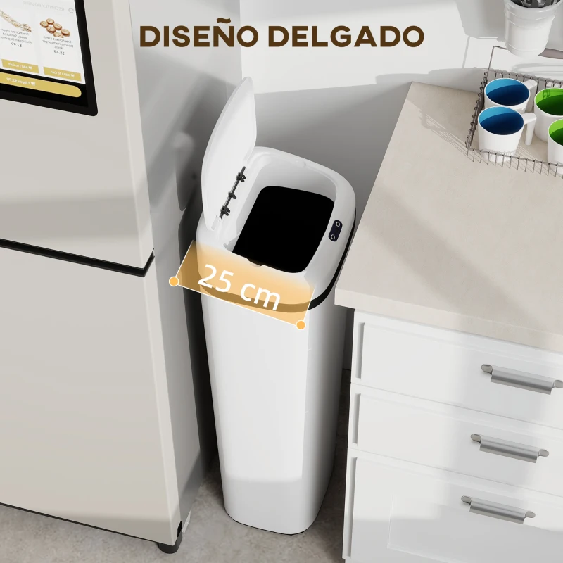 HOMCOM Cubo de Basura Cocina Automático 50 L Estrecha de Acero Inoxidable con Sensor Infrarrojo Modo Manual Antihuellas Blanco