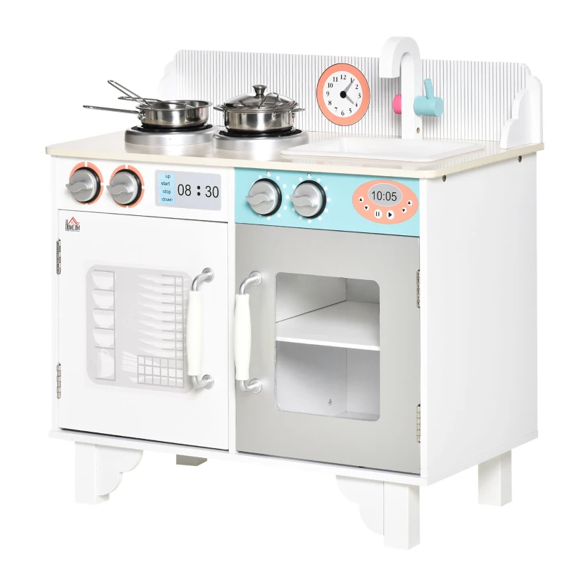 HOMCOM Kids Wooden Play Kitchen Toy Cooking Set Pretend Role Playset, with, Cooking Bench, Stainless Steel Pot for 3-6 Years