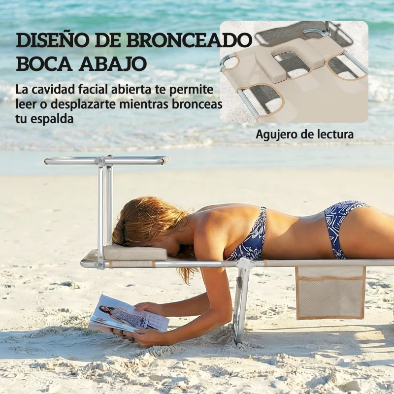 Outsunny Set de 2 Tumbonas Plegables Reclinables con Dosel 360° Orificio Facial Bolsillo Lateral y Textilene 550 g/m² Beige