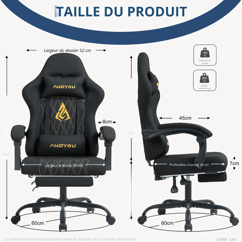 Fauteuil gaming avec repose-pieds, coussin doux pour la nuque et les lombaires, coussin de soutien amovible, 60x60x122 cm, Noir