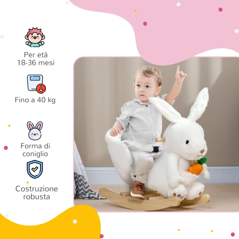 HOMCOM Animale a Dondolo a forma di Coniglio con Suoni e Cintura di Sicurezza, 60x33x50 cm, Bianco