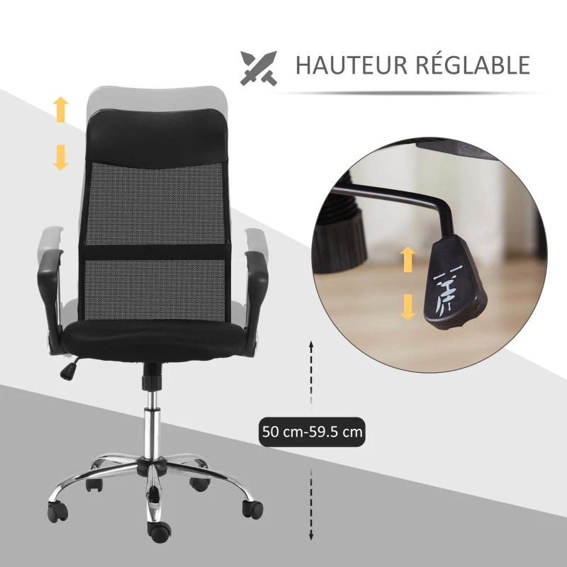 HOMCOM Fauteuil de bureau manager grand confort dossier ergonomique hauteur assise réglable pivotant tissu maille noir