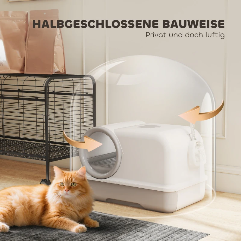 PawHut Kattenbak met deksel schep uittrekbare bak 2 actieve koolfilters voor katten tot 5 kg 59x39,5x39,5cm Wit+Grijs