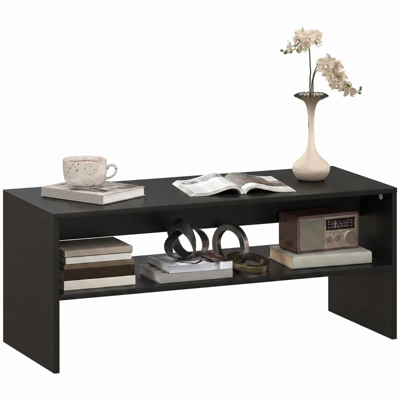 HOMCOM Măsuță de Cafea Modernă cu 2 Niveluri, Raft Deschis, PAL, Picioare, 100x40x41,5 cm, Negru