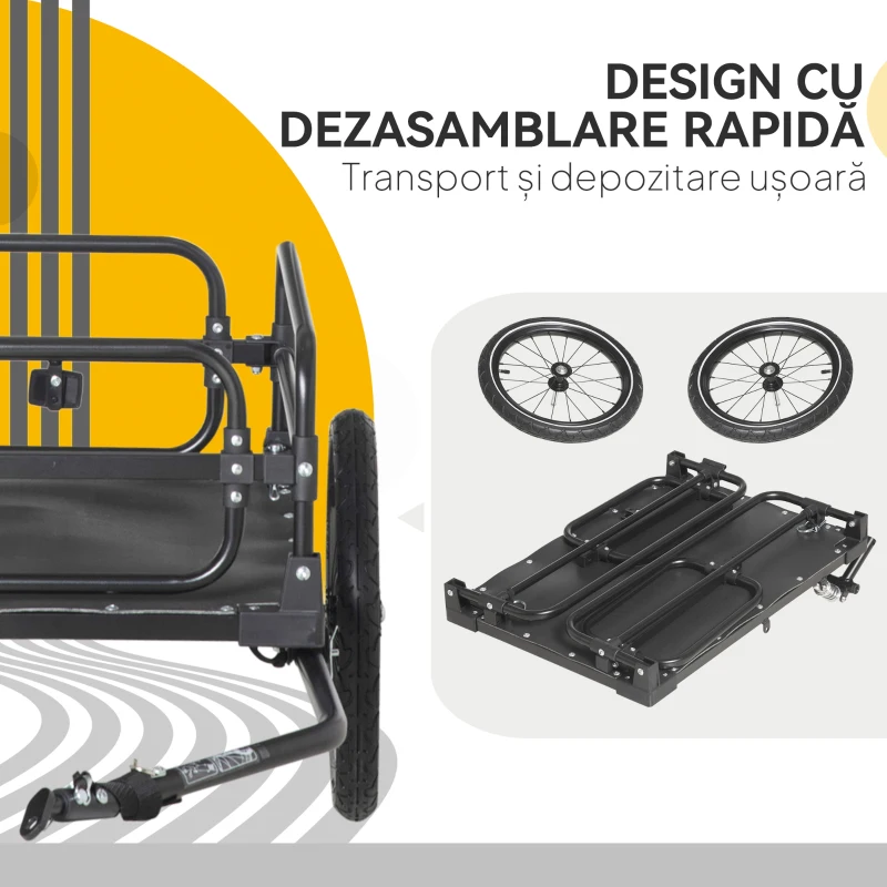 HOMCOM Remorcă pentru bicicletă de 70L cu 2 roți de 16", 2 reflectoare și steguleț, din oțel și PE, 125x64x53.5 cm, negru