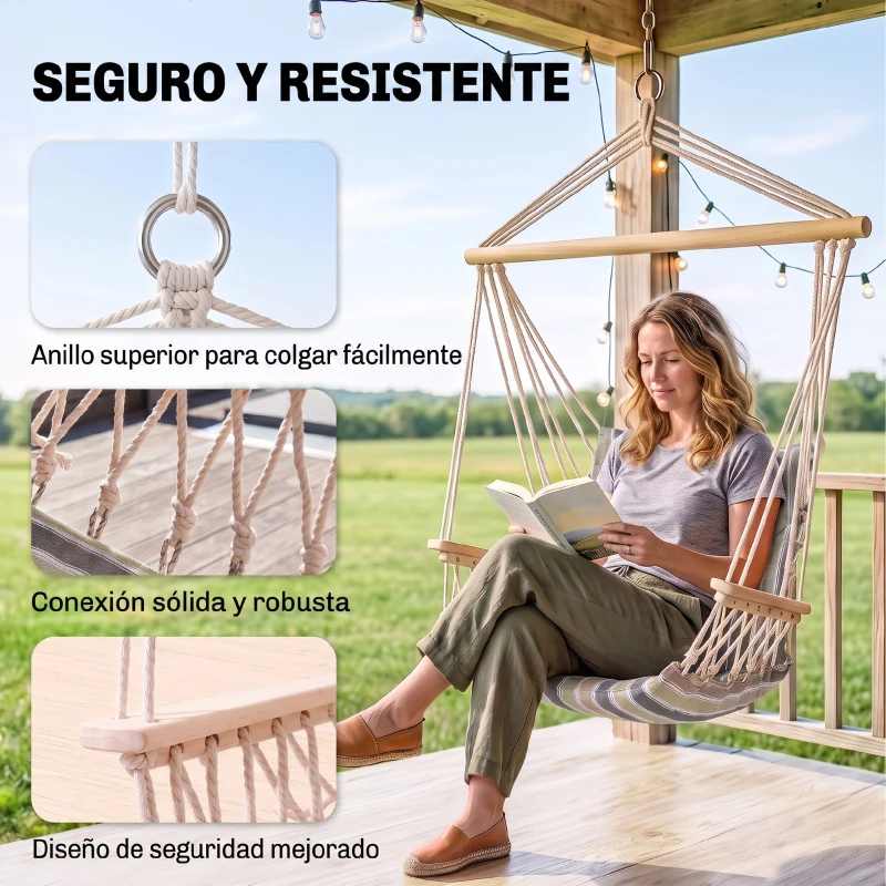 Outsunny Silla Colgante Estampado Rayas Hamaca con Cojín Reposacabezas para Interior Exterior 100x106 cm Carga Máx. 100 kg
