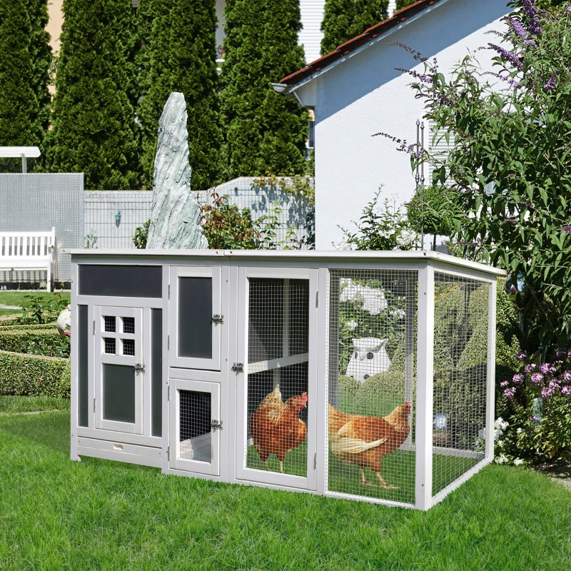 PawHut Poulailler multi-équipements niche toit ouvrant perchoir pondoir enclos tiroir à déjection 160L x 75l x 80H cm bois massif pin gris blanc