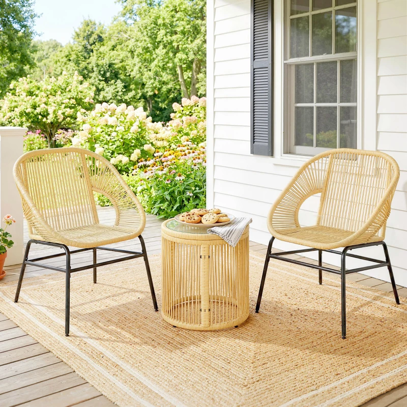 Outsunny Set da Bistrò da 3 Pezzi in Rattan e Acciaio con 2 Sedie, Tavolo Rotondo con Piano in Vetro Temperato, Beige