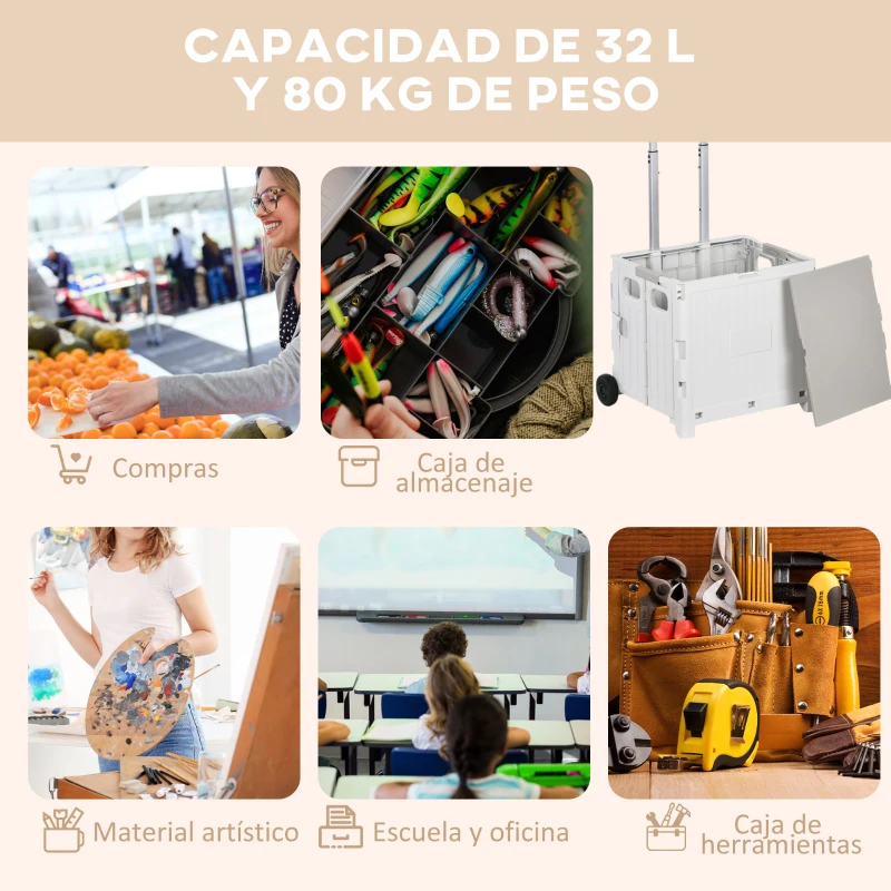 HOMCOM Carrito para Supermercado con 2 Ruedas Longitud de Mango Ajustable Capacidad 32 Litros 41,5x32,5x85 cm Blanco
