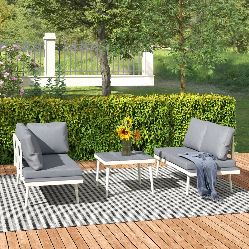 Outsunny 3 Piece Garden Furniture Set with 5-Level Adjustable Lounger, L Shaped Garden Corner Sofa with Cushions, Mesh Seat, Slatted Wood-Grain Table, Outdoor Furniture Set for Conservatory, Grey