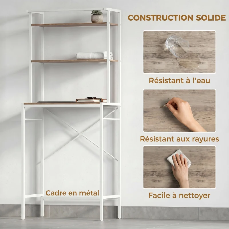 HOMCOM Étagère de Machine à Laver 3 Niveaux, Meuble pour Lave-Linge et Sèche-Linge avec Barre de Suspension, Marron et Blanc