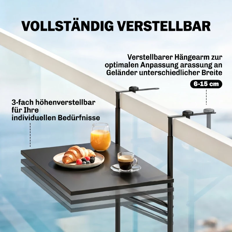 Outsunny Balkontafel, voor leuningen met een dikte van 6-15 cm, verstelbaar, inklapbaar, roestvrij metaal, 62x60x85,5 cm, Zwart