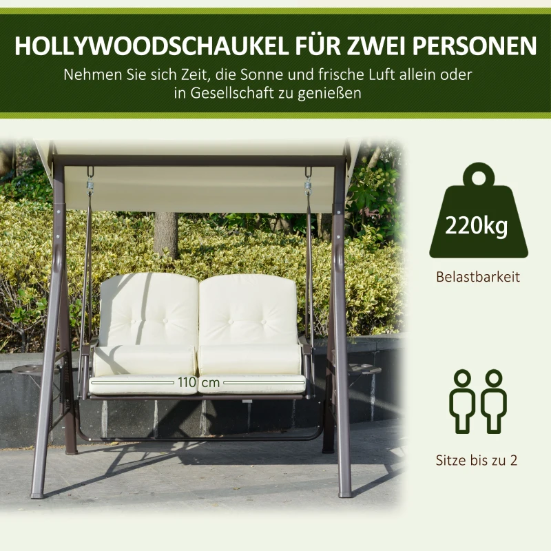 Outsunny 2-zits tuinschommelstoel met luifel Kussenblad Metaal Polyester Beige 162 x 118 x 173 cm