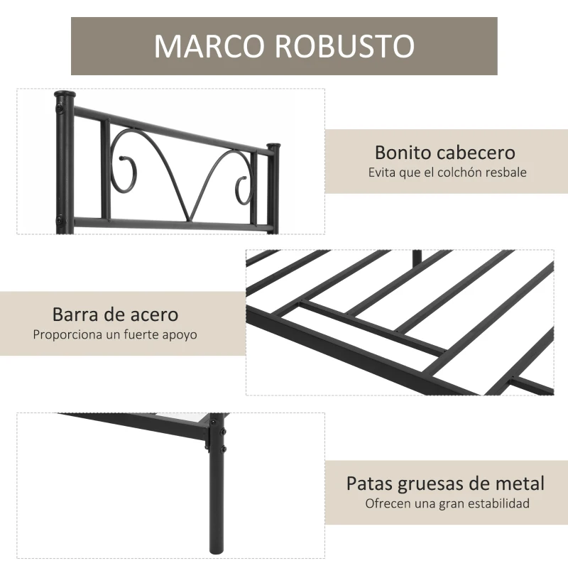 HOMCOM Marco de Cama Individual de Metal 31 cm para Colchón 90x190 cm con Cabecera Forma de Mariposa 95x196x100 cm Negro