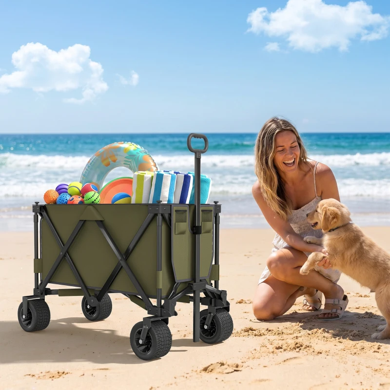 Outsunny 300L Festival Trolley on Wheels, Folding Camping Trolley Cart, Heavy Duty Collapsible Wagon Cart with Wide Wheels, Side Pockets for Outdoor Garden Picnic Beach Shopping Fishing, Green