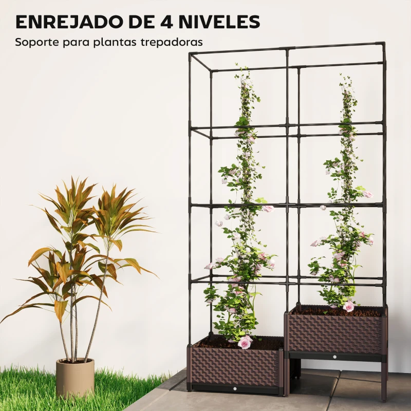 Outsunny Jardinera con Enrejado Metálico para Plantas Trepadoras 2 Macetas de PP con Orificios de Drenaje 100x50x174 cm Negro