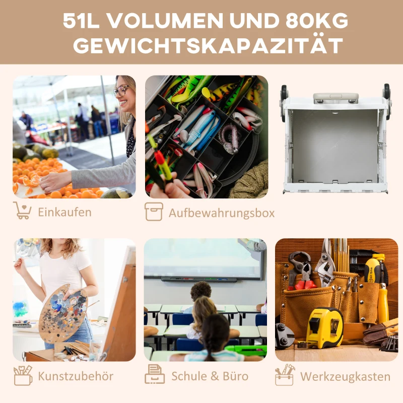 HOMCOM Winkelwagen Winkeltrolley, traploper, inklapbaar, telescopisch handvat, belastbaar tot max 65 kilo, wit(m-5)