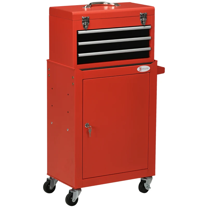 DURHAND 2-in-1 Gereedschapswagen, mobiel, 3 laden, gereedschapsbord, stalen behuizing, 46L x 28B x 94H cm, Rood